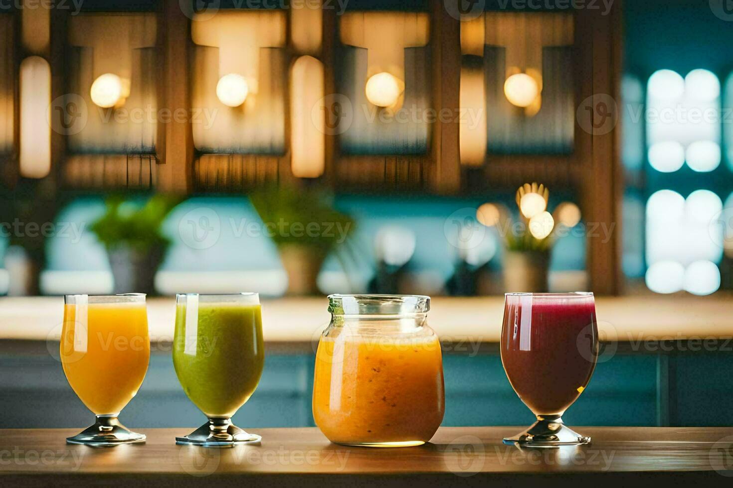 three different types of juices are lined up on a table. AI-Generated photo