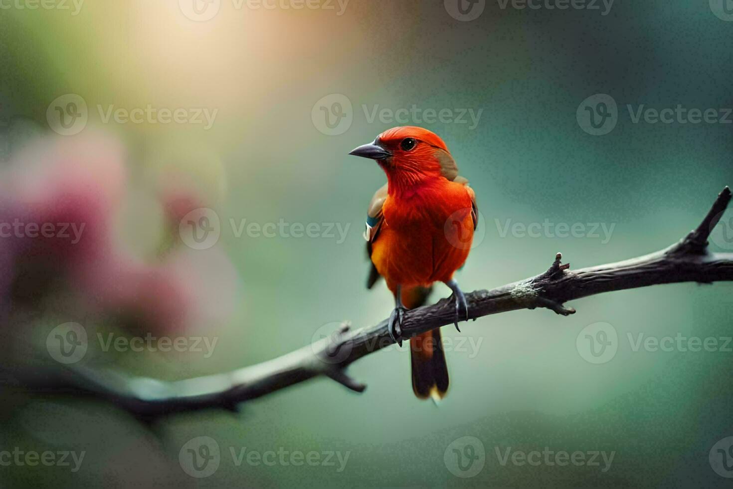 a red bird sitting on a branch. AI-Generated photo