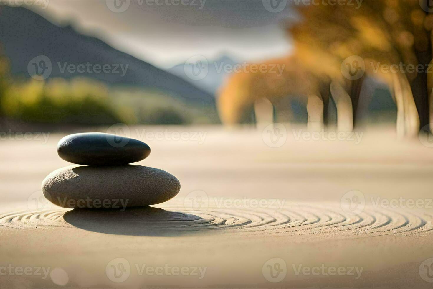 two rocks sitting on top of each other in a sand. AI-Generated photo