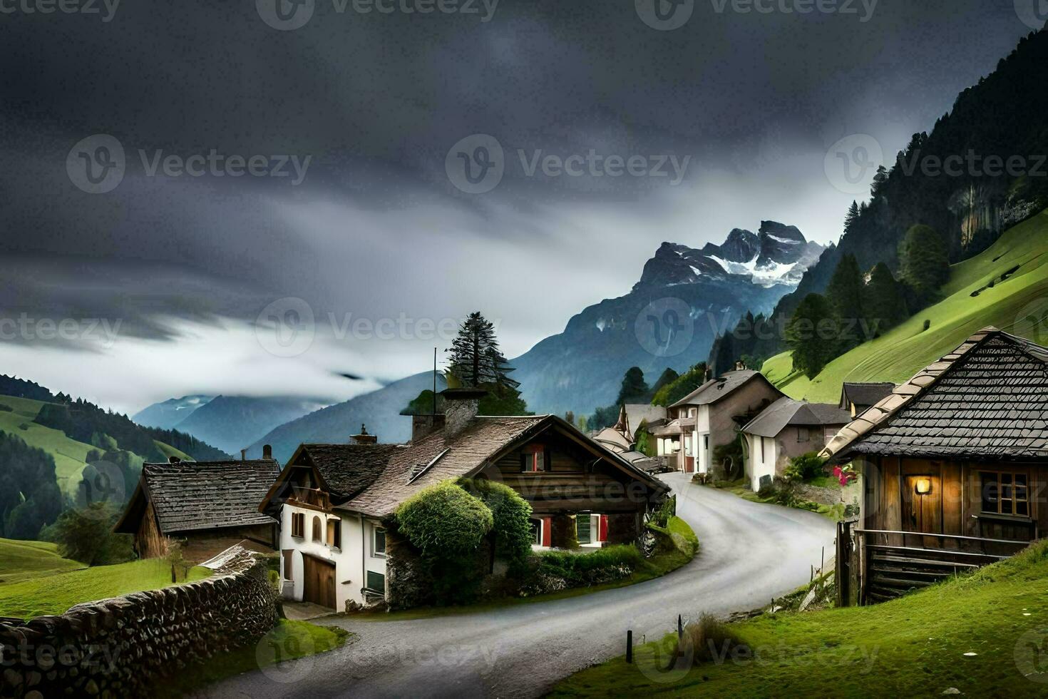 photo wallpaper the sky, mountains, road, village, house, trees, road, road,. AI-Generated