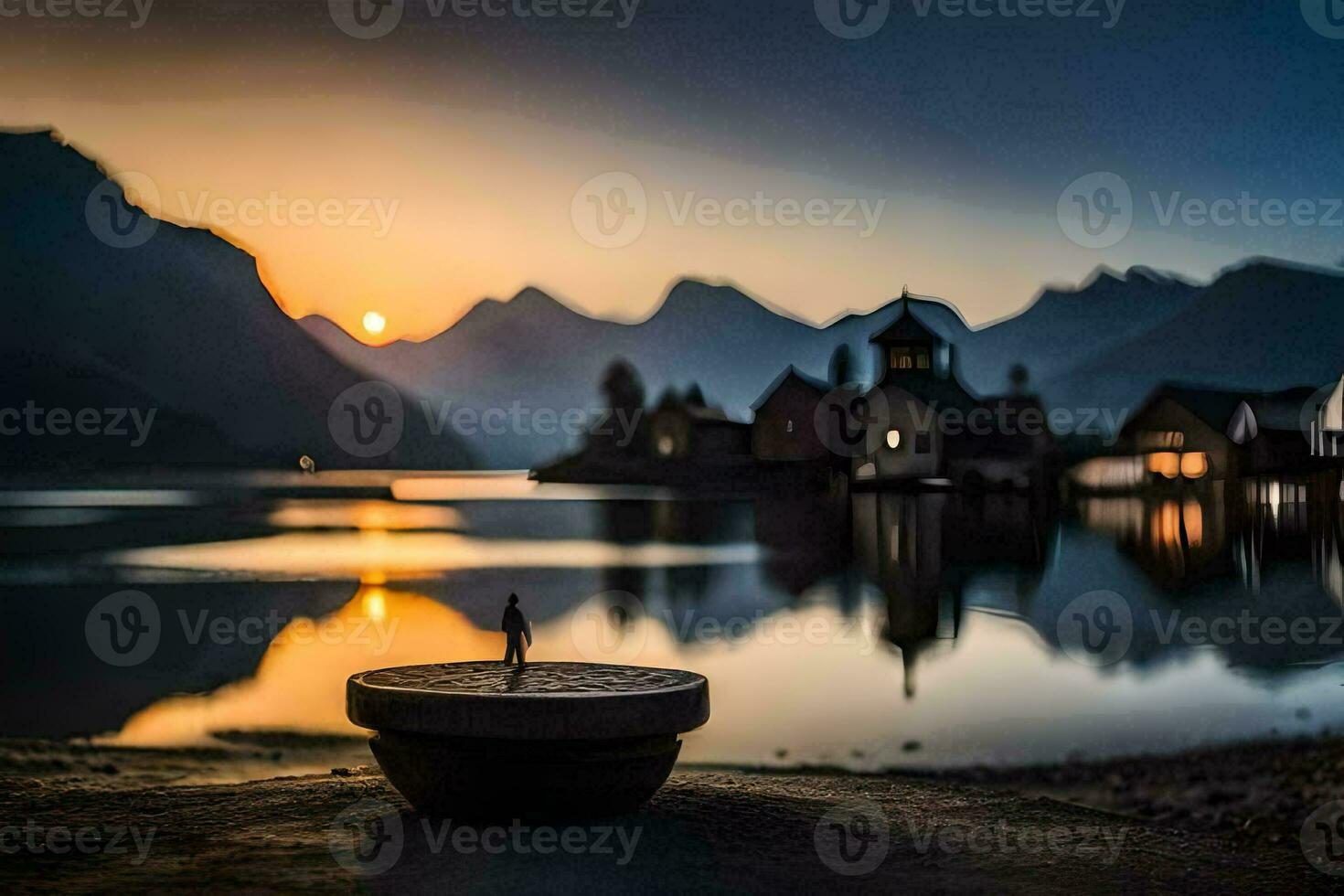 a small bowl sitting on the shore of a lake with a mountain in the background. AI-Generated photo
