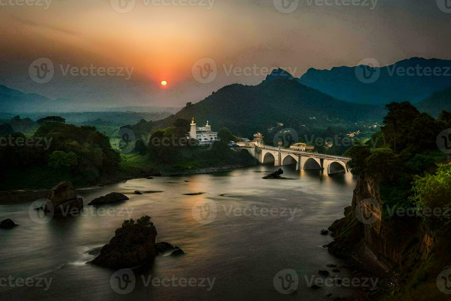 the sun sets over a bridge and river in the mountains. AI-Generated photo