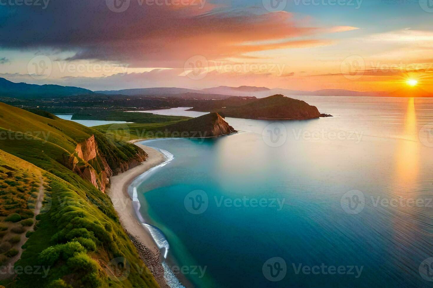 the sun sets over the sea and mountains in this beautiful landscape. AI-Generated photo