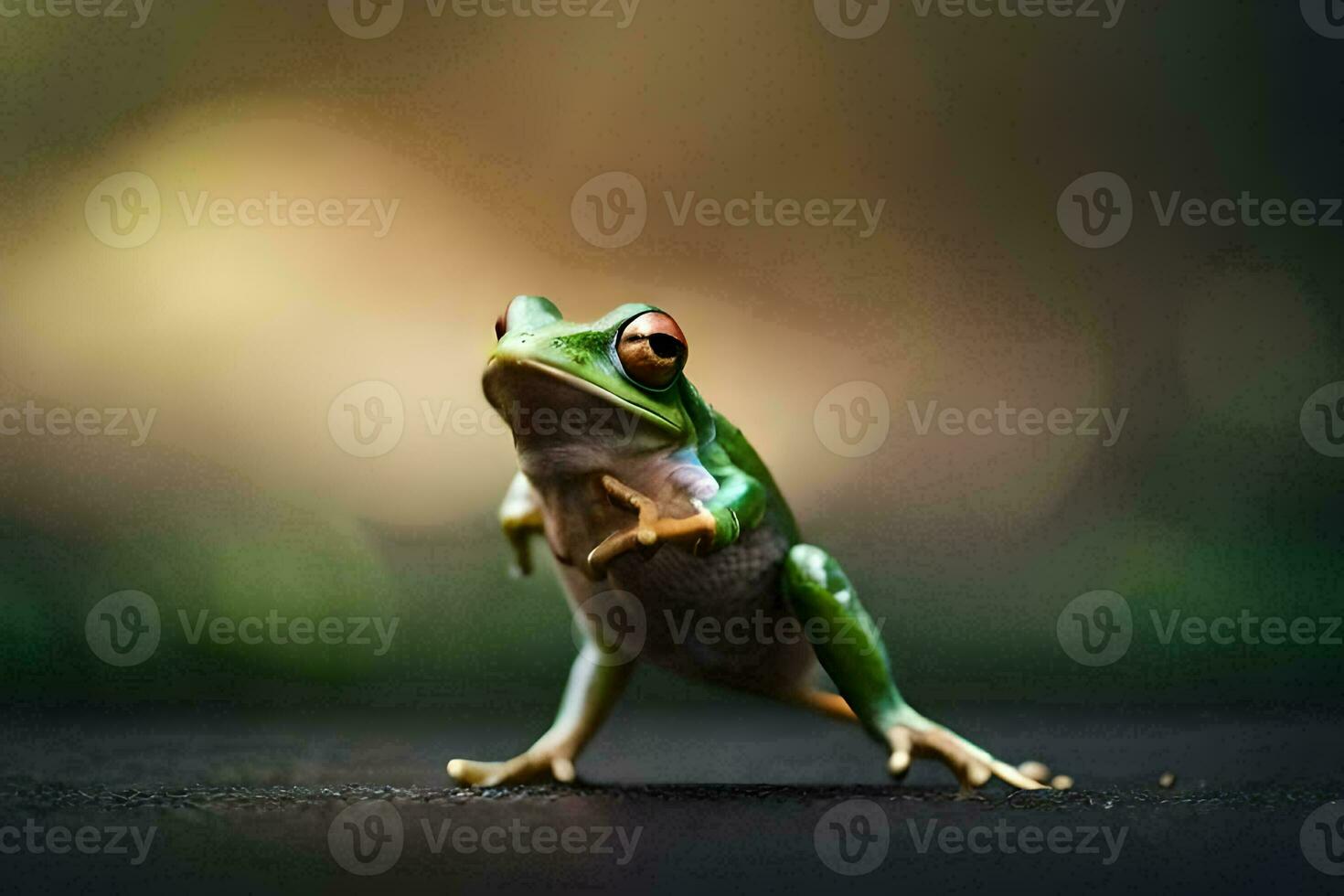 a frog standing on its hind legs with its legs spread. AI-Generated photo