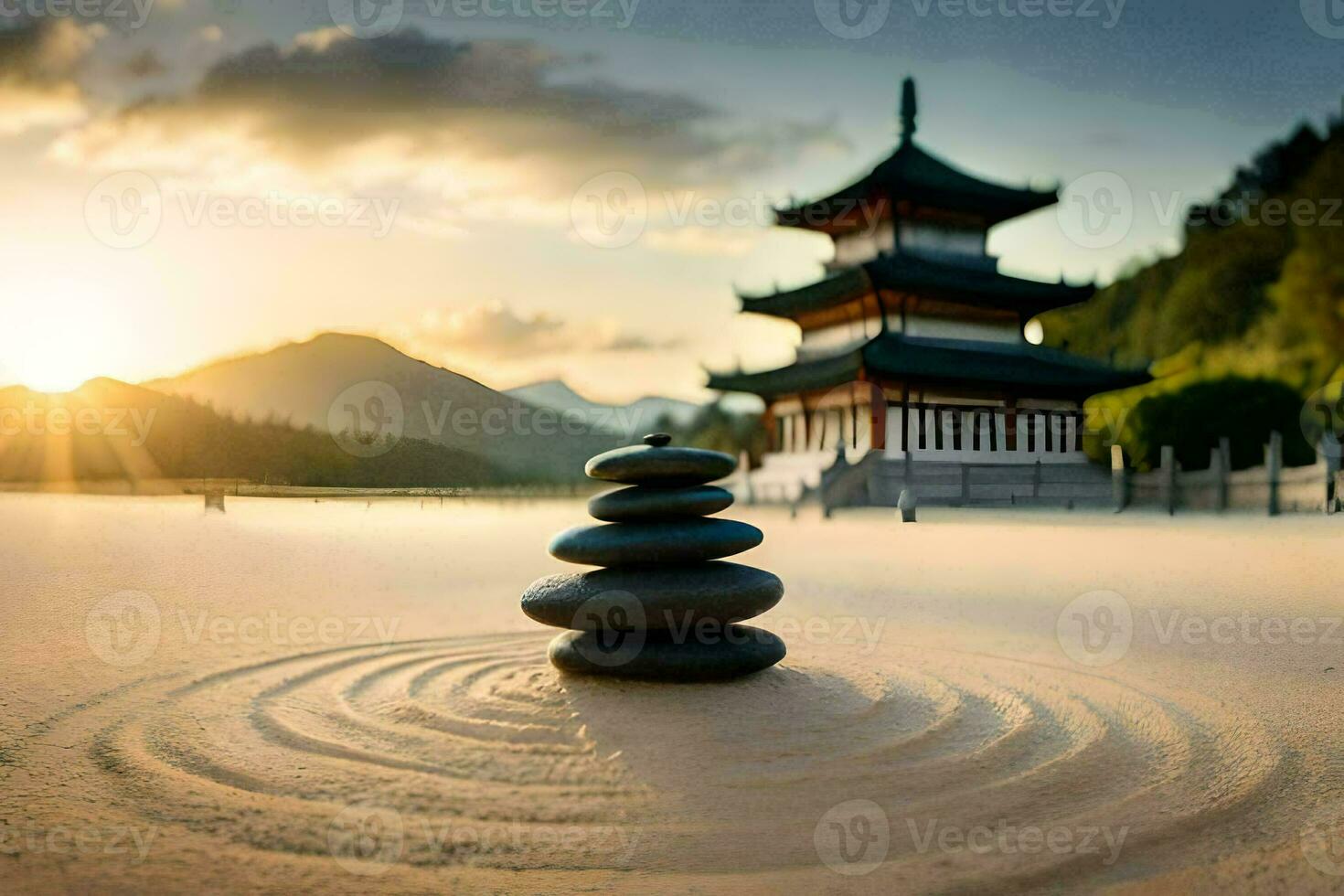 a stack of stones in front of a pagoda. AI-Generated photo