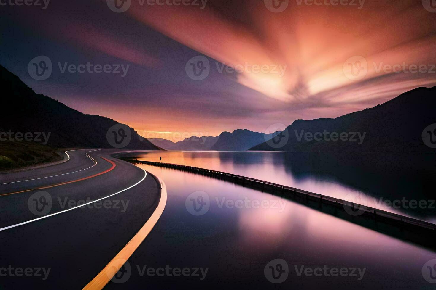 a long road with mountains in the background. AI-Generated photo