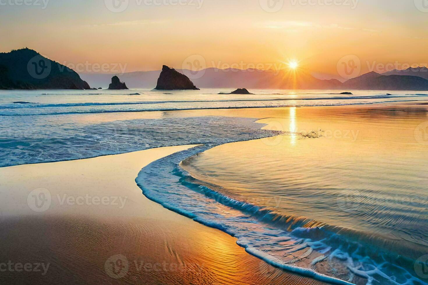 the sun sets over the ocean and waves. AI-Generated photo