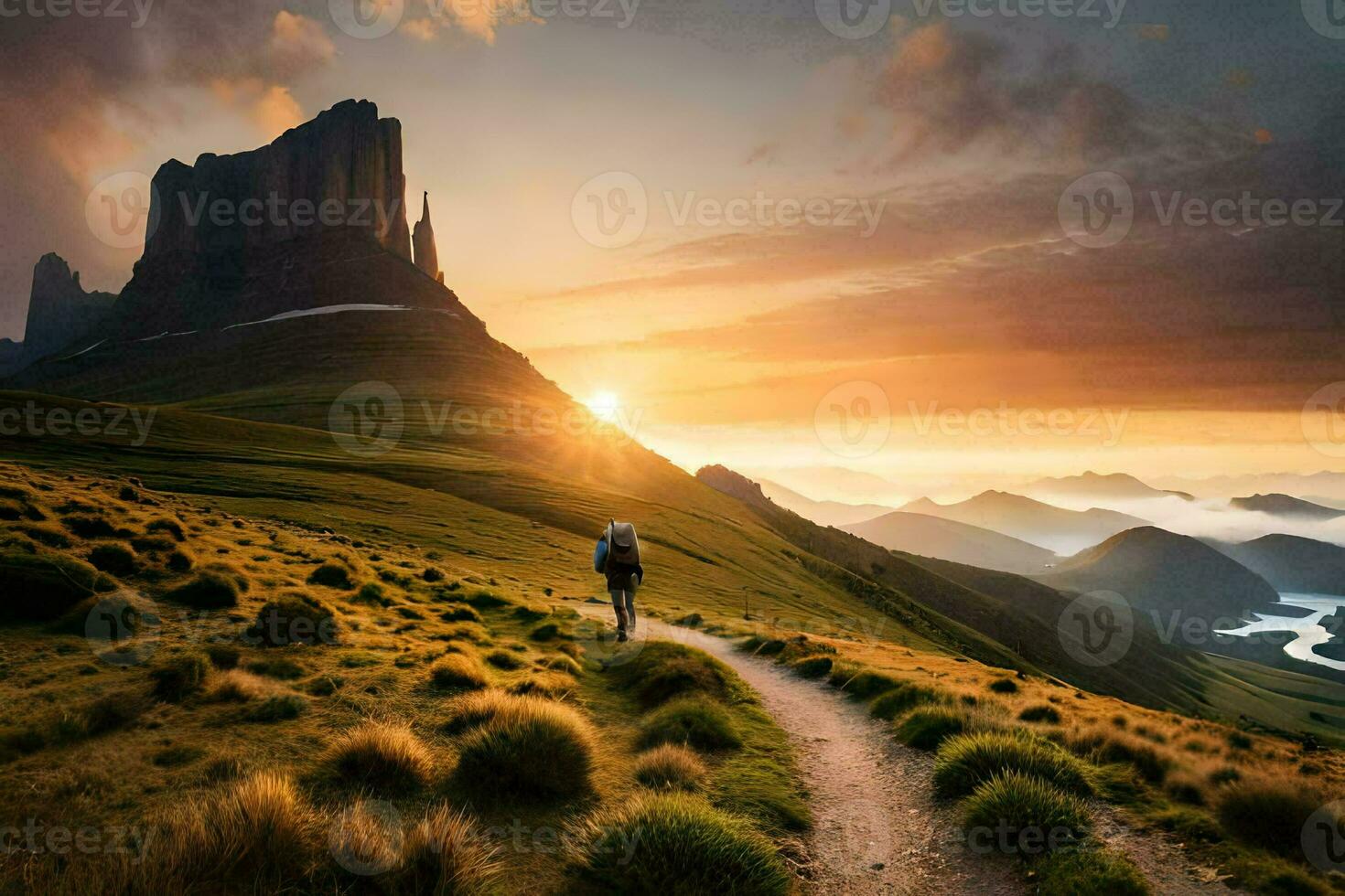 the man is walking on the path in the mountains. AI-Generated photo