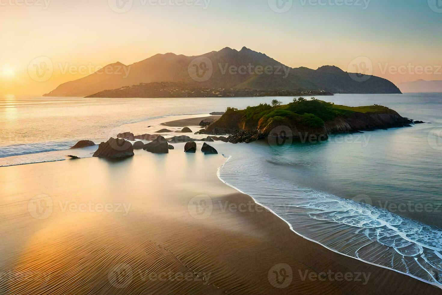 the sun sets over the ocean and mountains in this photo. AI-Generated photo