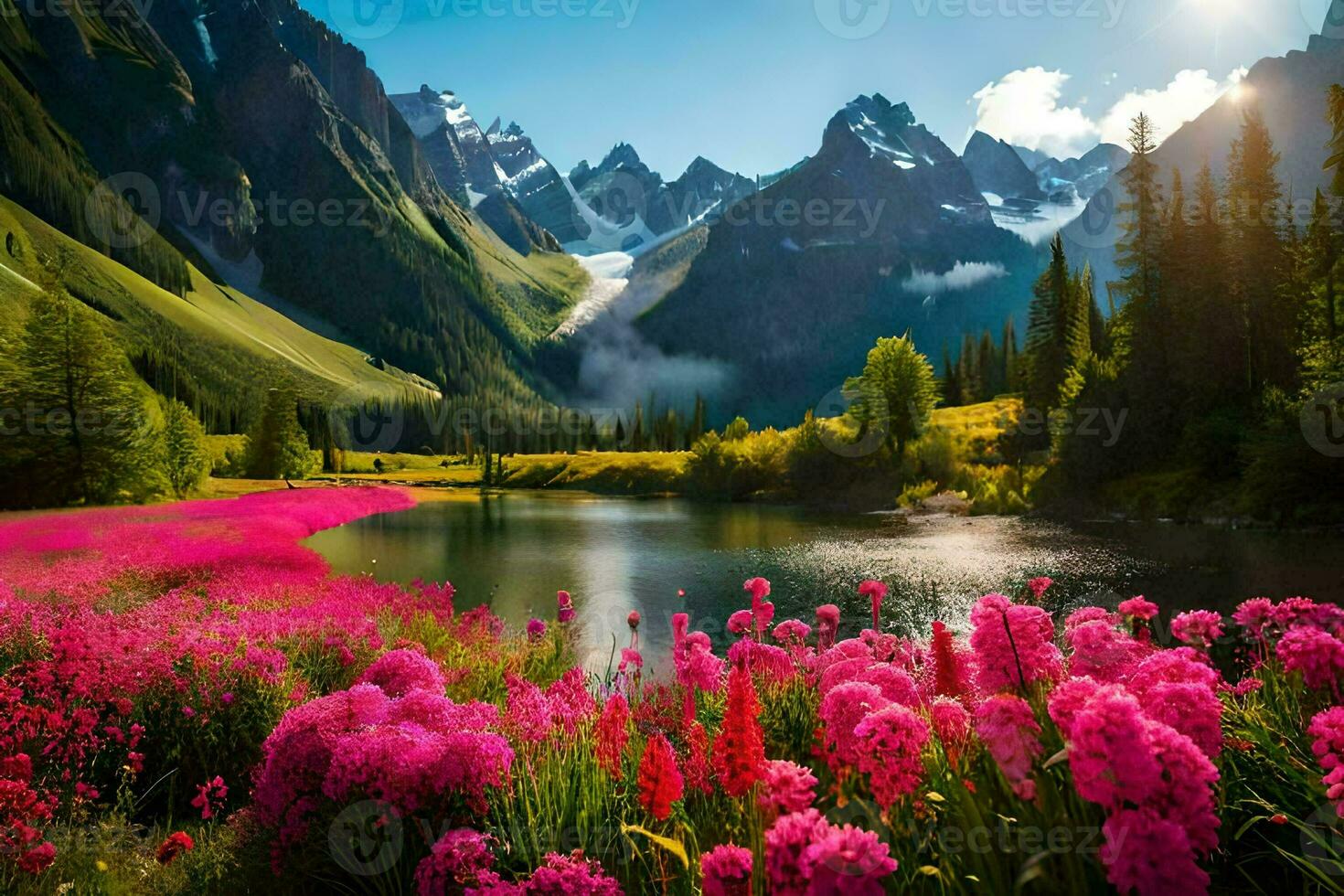 the flowers are blooming in the mountains. AI-Generated photo