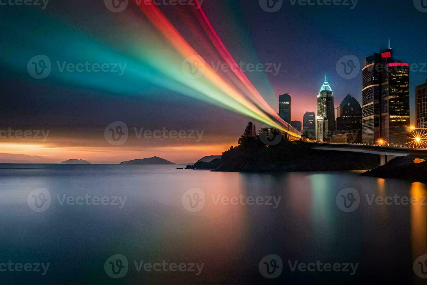 a rainbow light beam is shining over a city skyline. AI-Generated photo