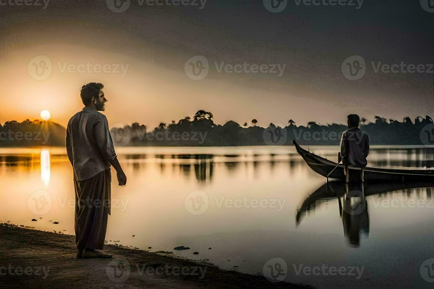 two men stand on the shore of a lake at sunset. AI-Generated photo