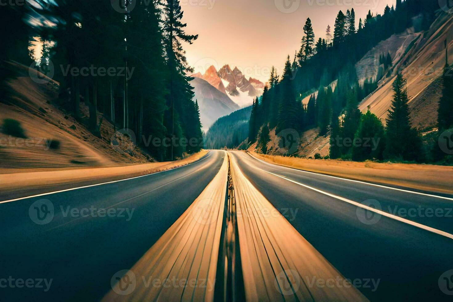a road with trees and mountains in the background. AI-Generated photo
