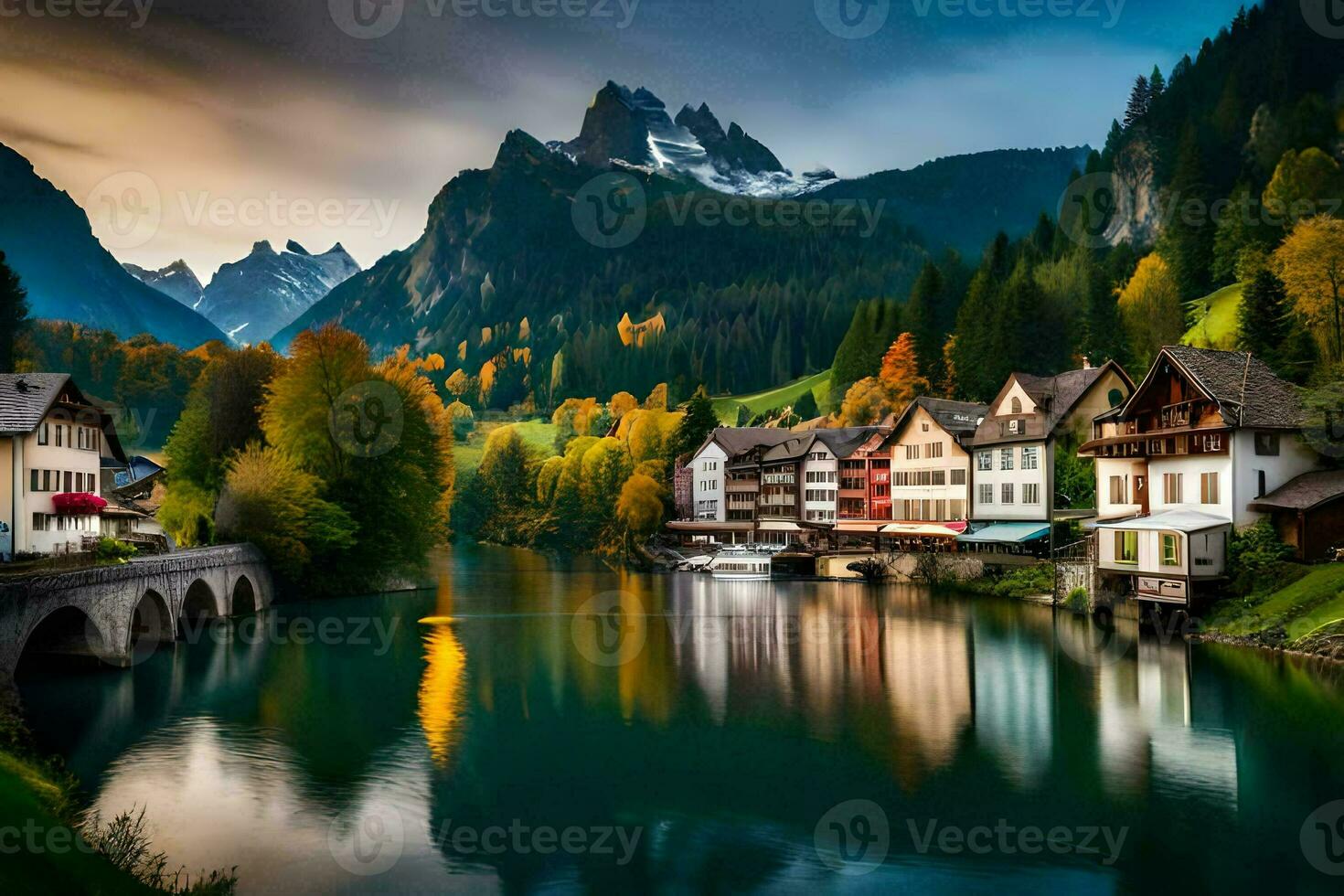 photo wallpaper the sky, mountains, water, trees, houses, river, mountains, lake,. AI-Generated