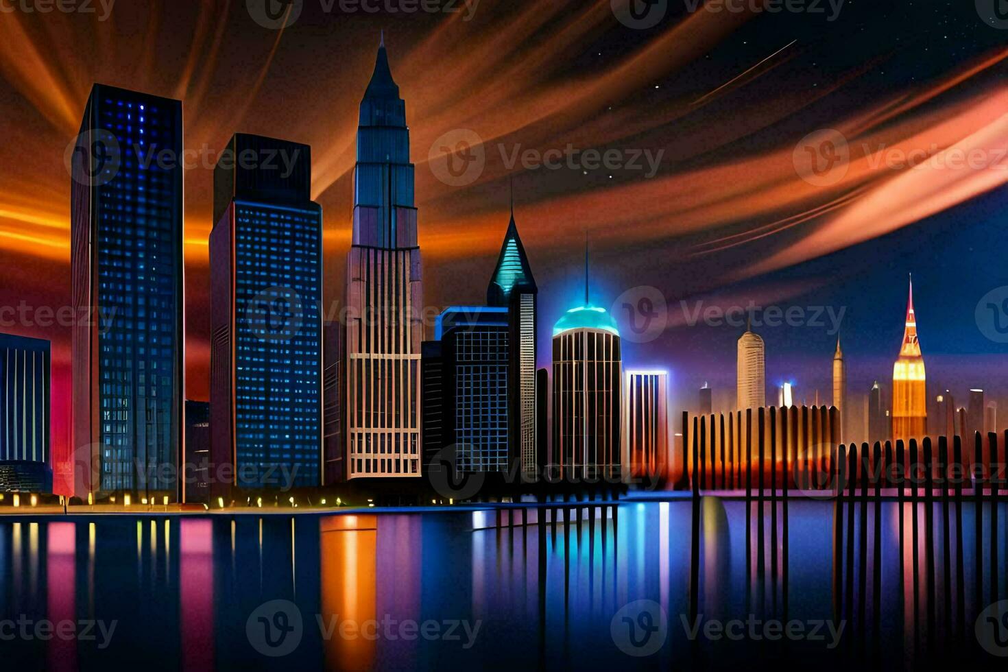 a city skyline at night with lights and buildings. AI-Generated photo