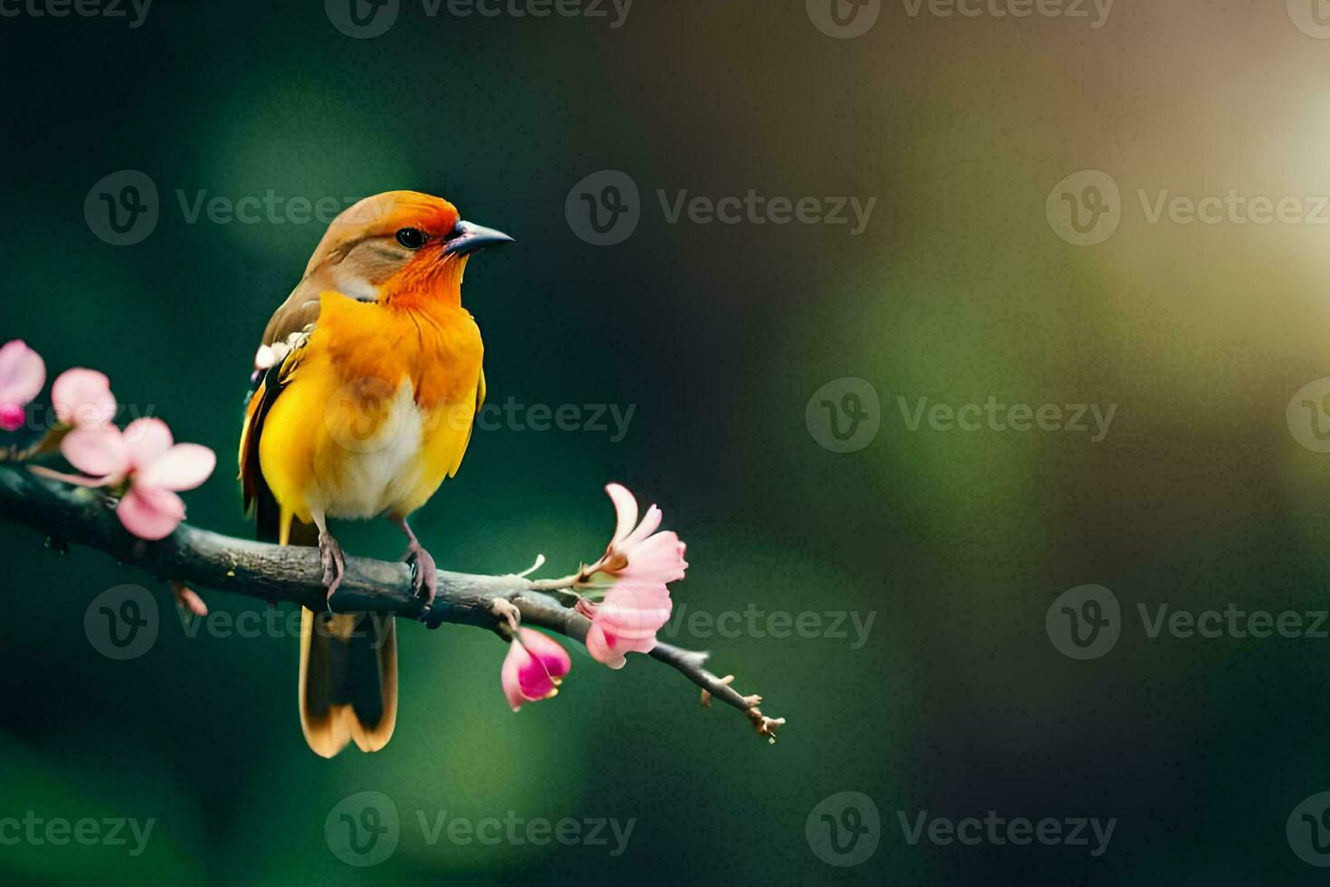 a bird sits on a branch with pink flowers. AI-Generated photo