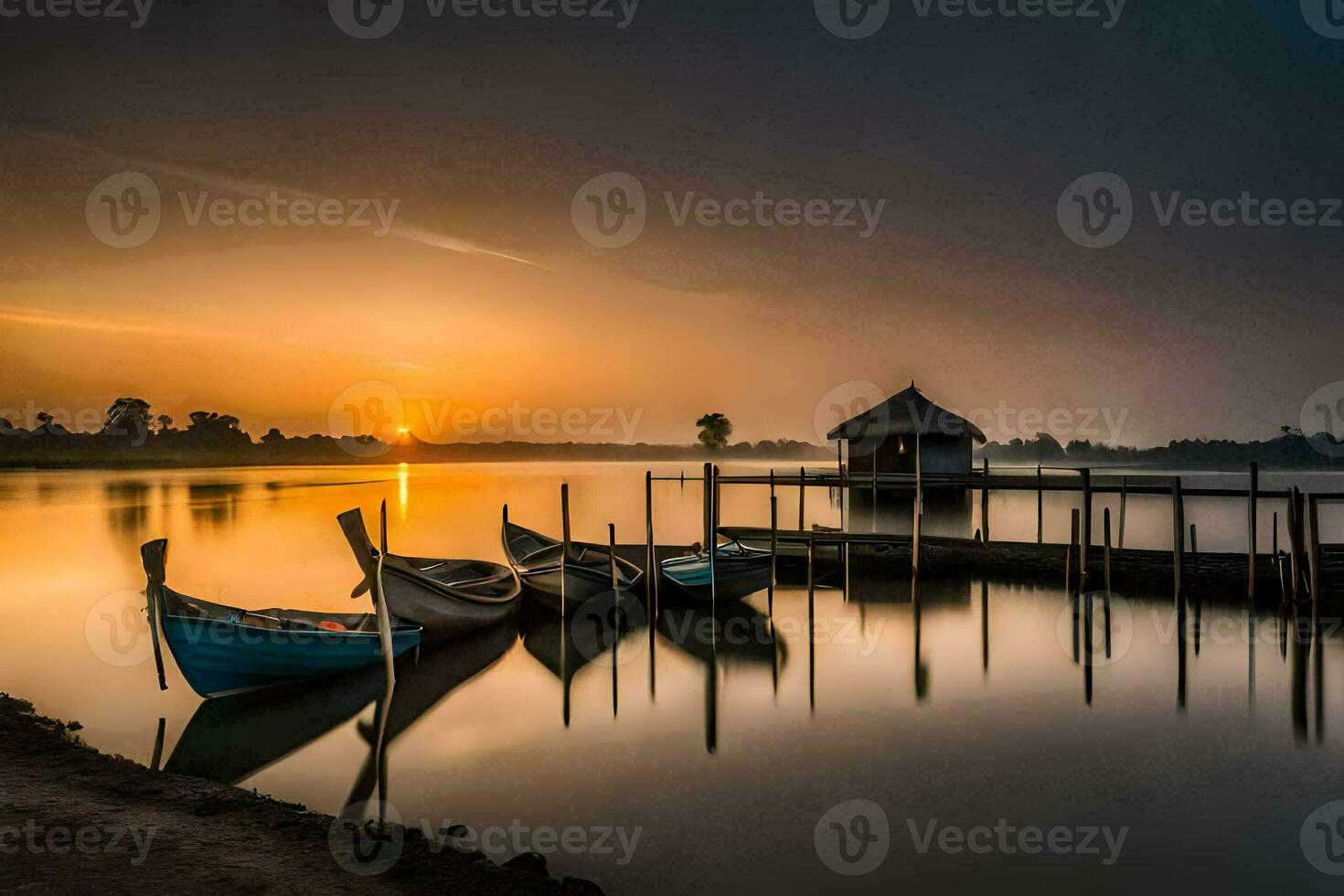 boats docked at the dock at sunset. AI-Generated photo