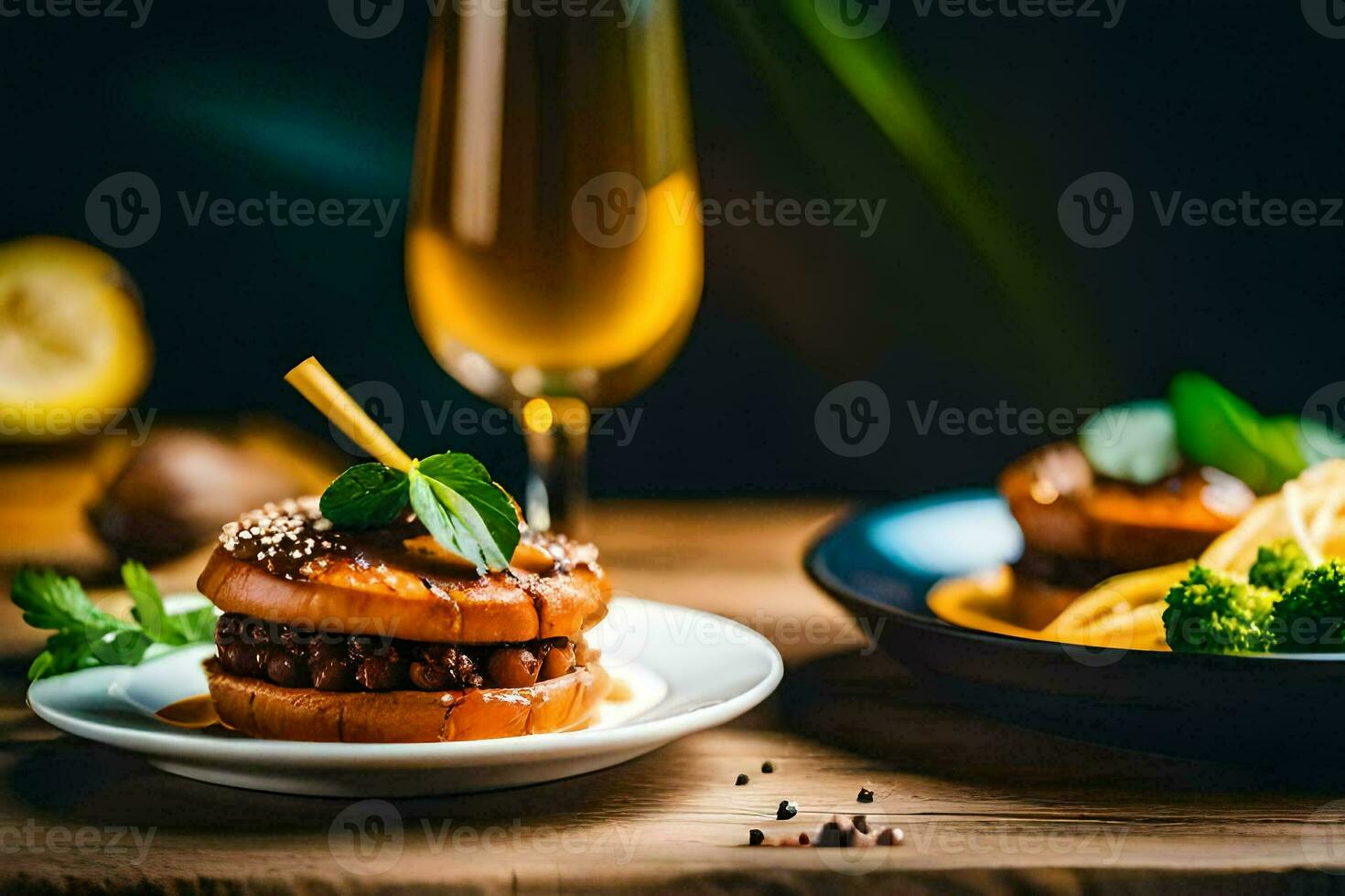 a plate of food with a burger and a glass of champagne. AI-Generated photo