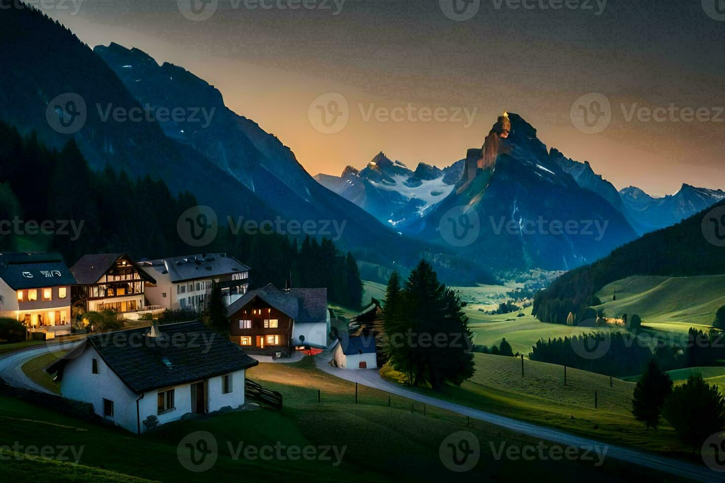 photo wallpaper the sky, mountains, house, road, road, the mountains, the mountains,. AI-Generated