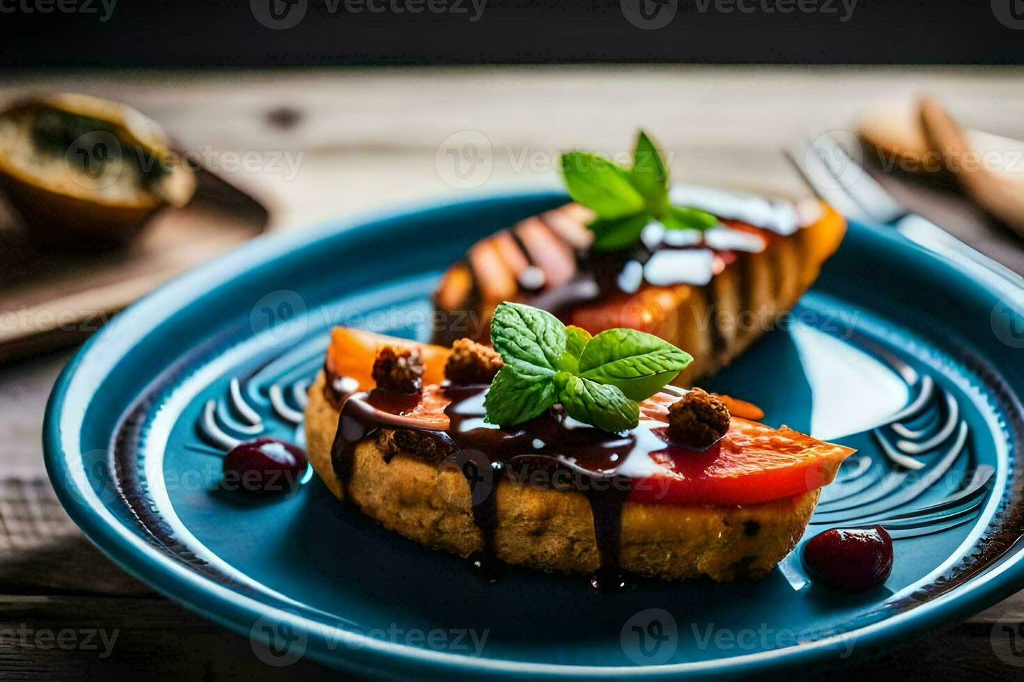 a plate with two slices of bread with chocolate sauce and mint leaves. AI-Generated photo