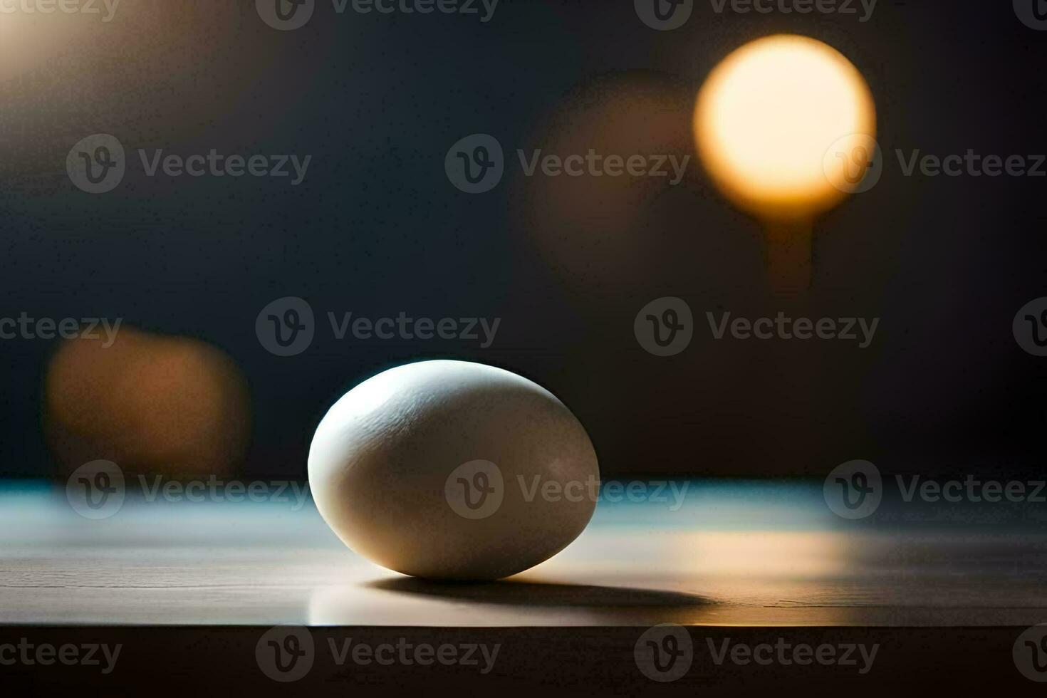 an egg on a table in front of a blurry light. AI-Generated photo