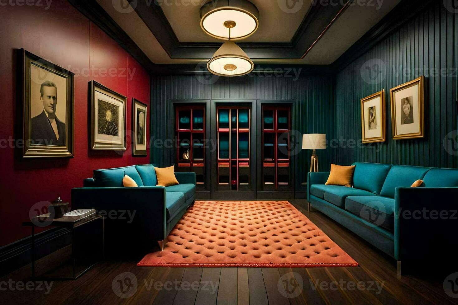 a room with blue couches and red walls. AI-Generated photo