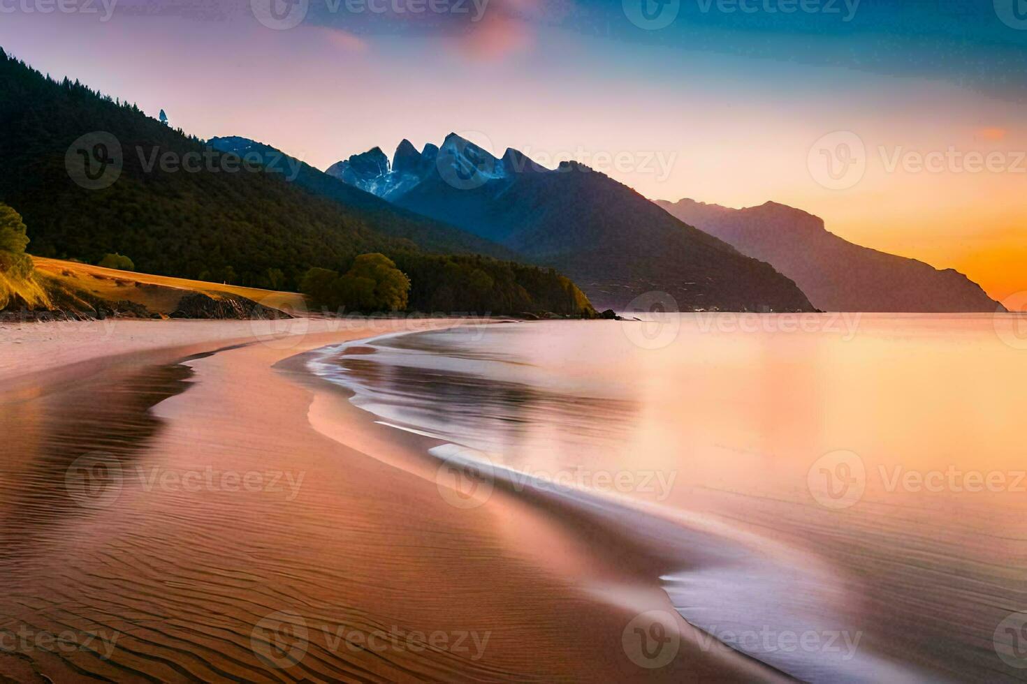 a beach and mountains at sunset. AI-Generated photo