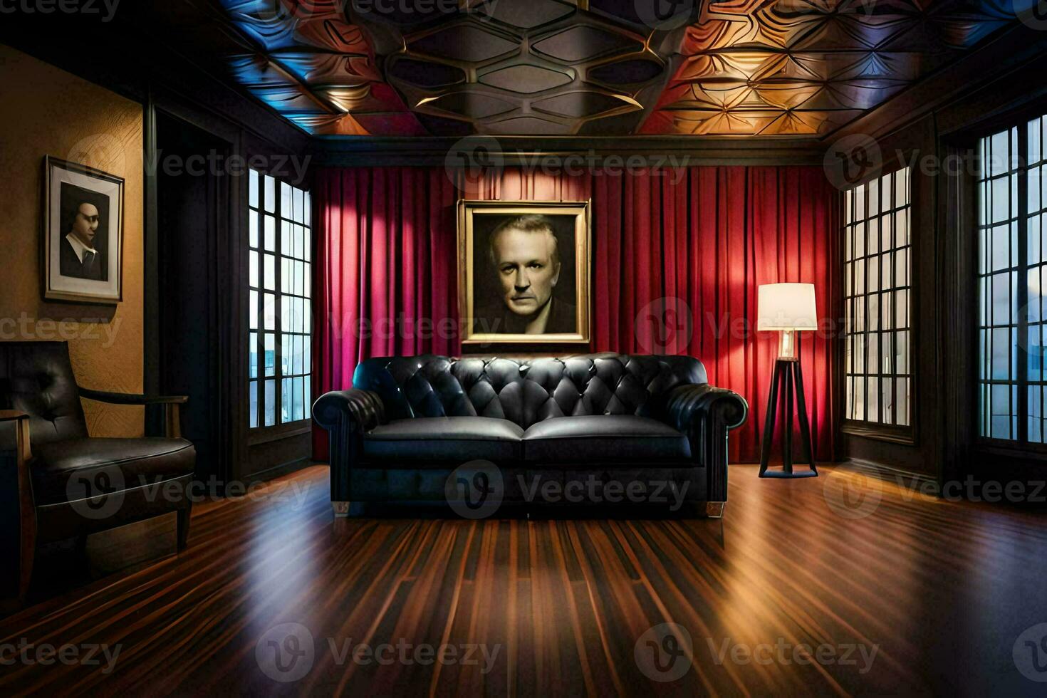 a room with a black leather couch and a painting on the wall. AI-Generated photo