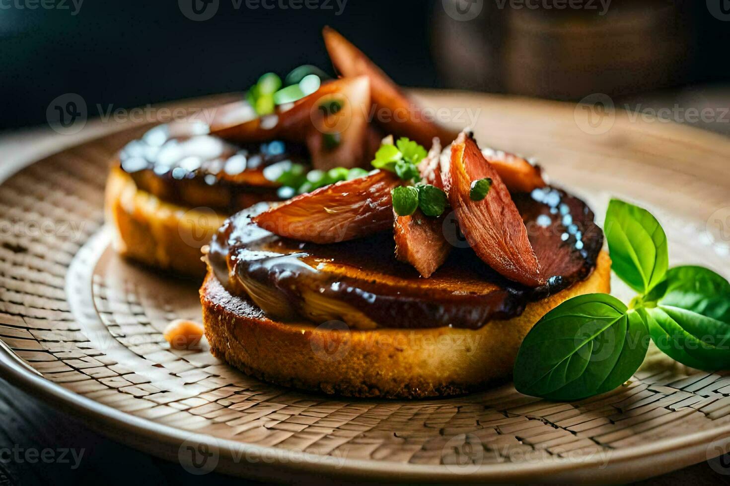 two small sandwiches with sauce and herbs on a plate. AI-Generated photo