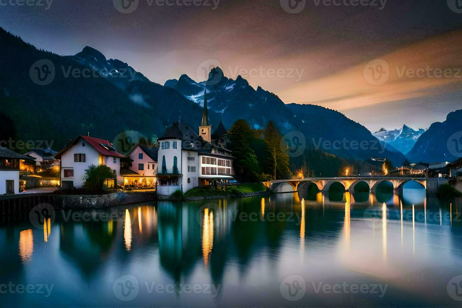 un pueblo y puente terminado un río a oscuridad. generado por ai foto