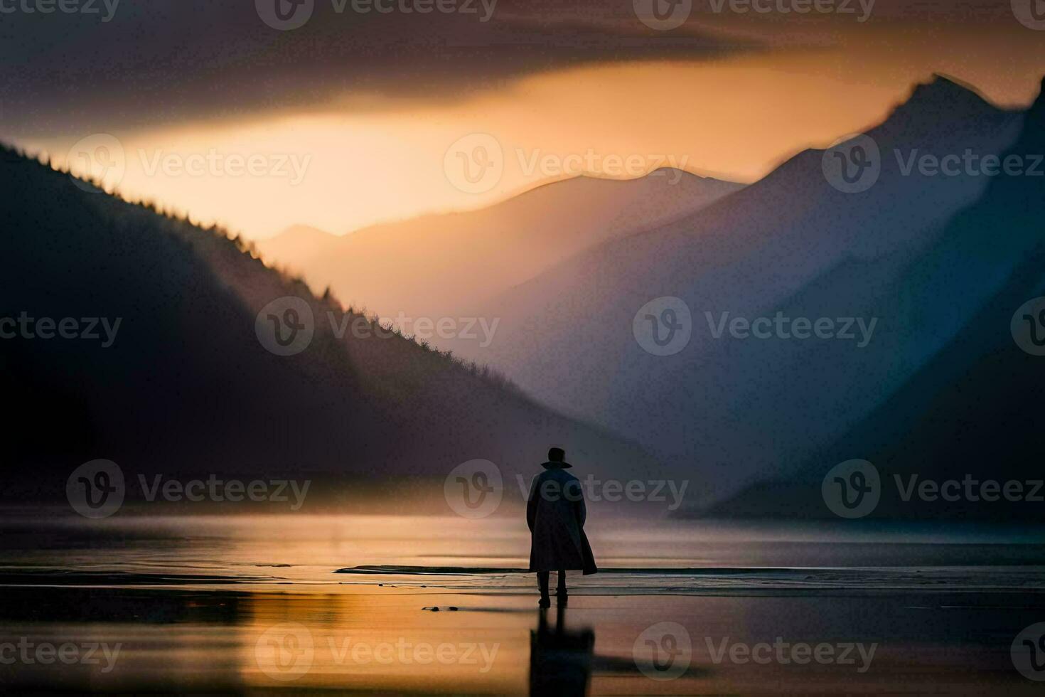 a man standing in the middle of a lake at sunset. AI-Generated photo