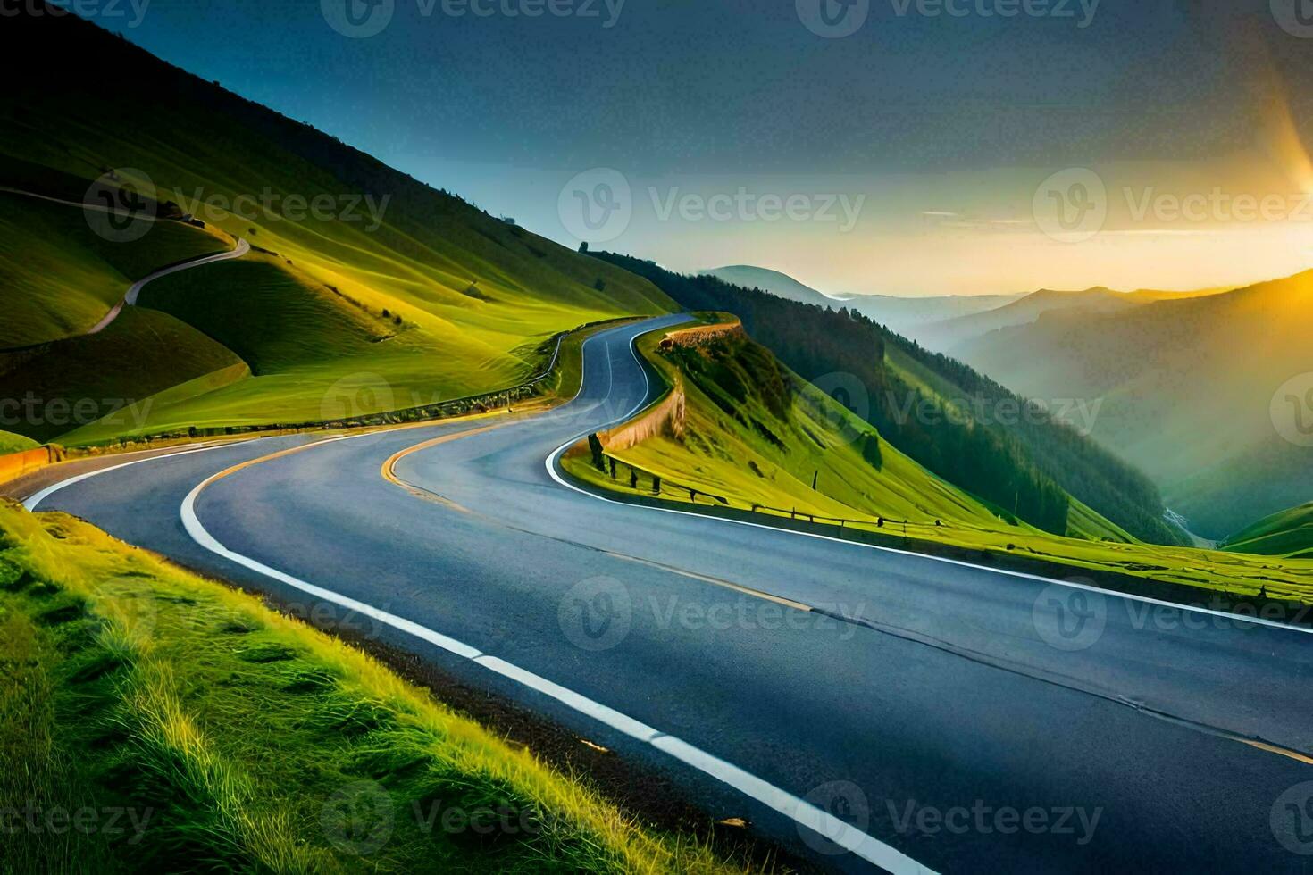 a winding road in the mountains with the sun setting. AI-Generated photo