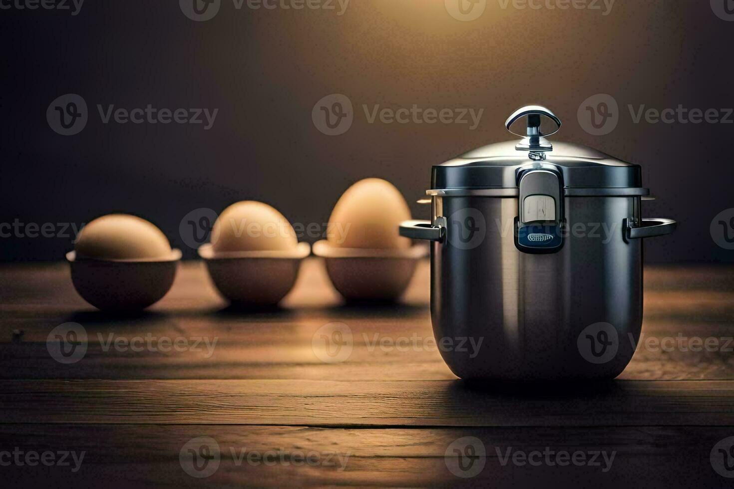 an egg cooker and four eggs on a table. AI-Generated photo