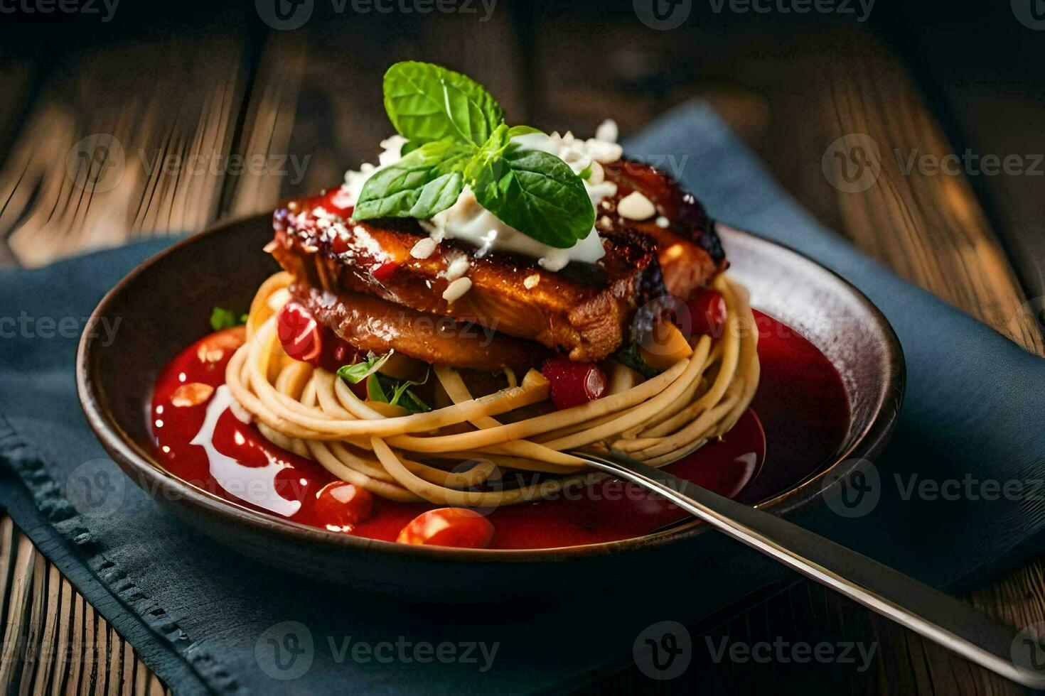 chicken breast with spaghetti and tomato sauce in a bowl. AI-Generated photo