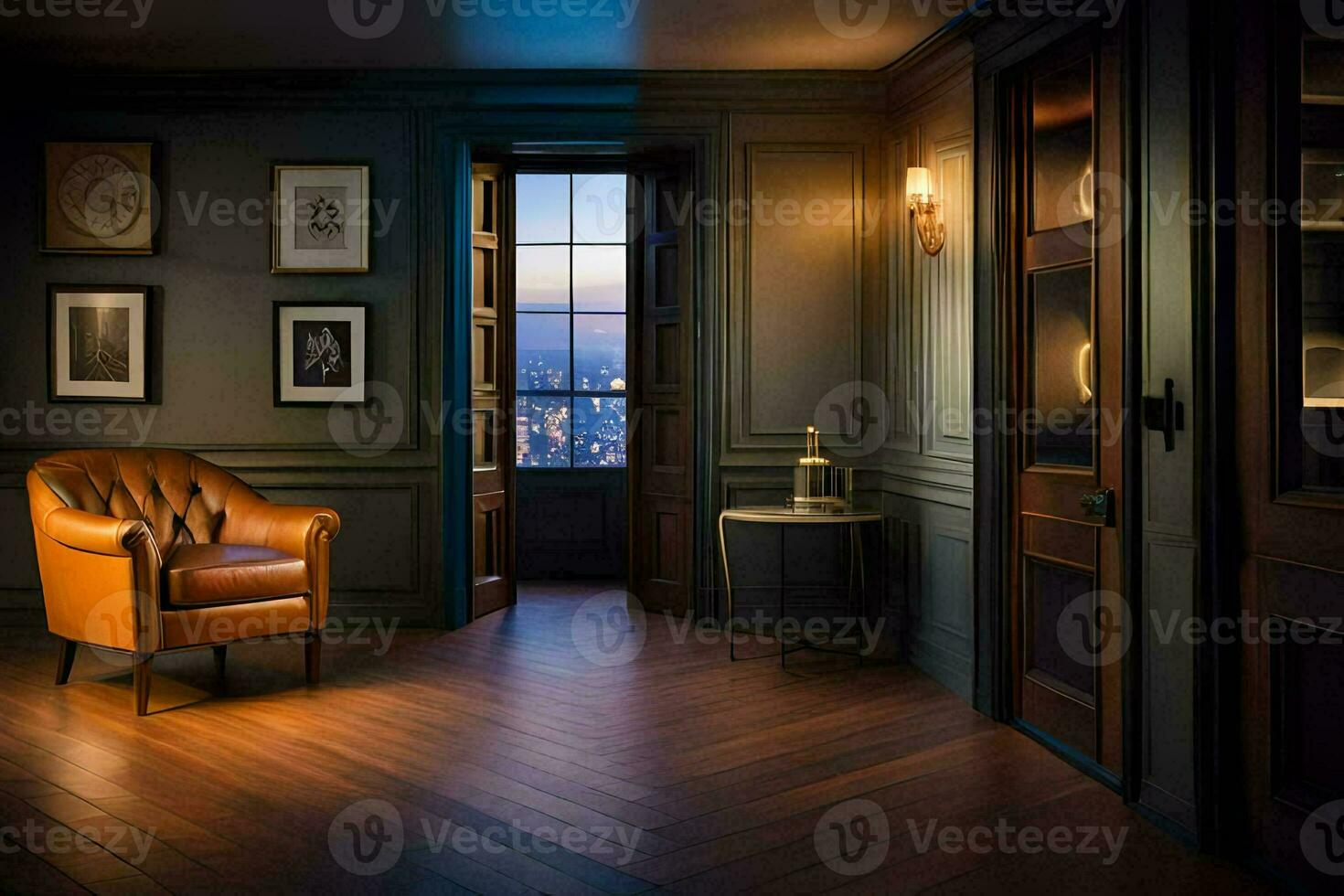 a room with dark wood floors and a chair. AI-Generated photo