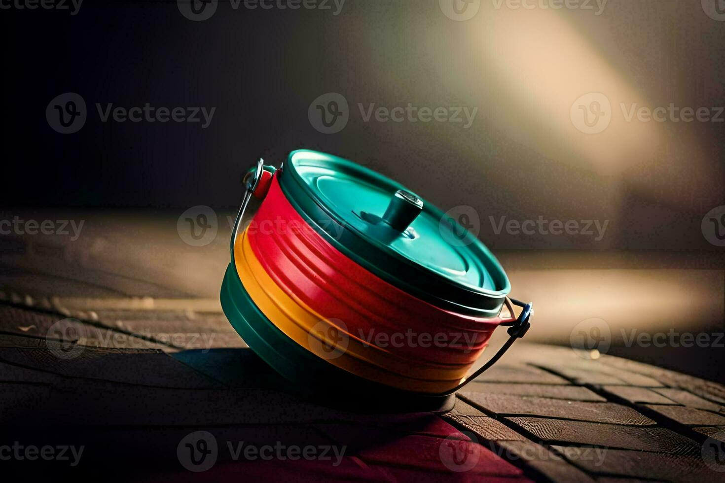 a colorful plastic container sitting on the ground. AI-Generated photo