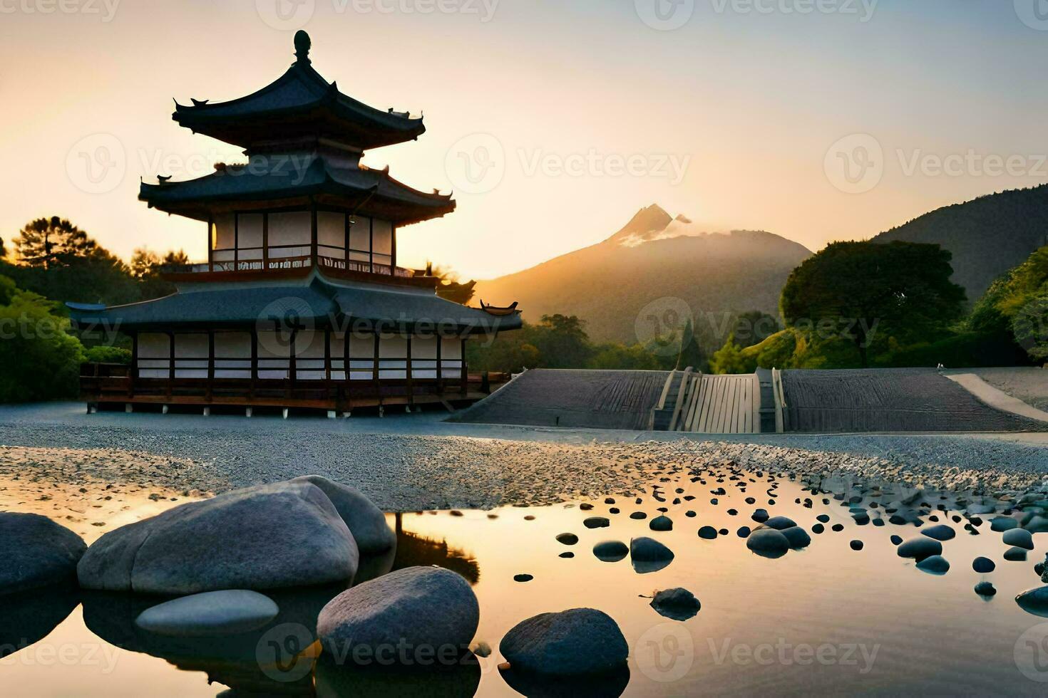 a pagoda sits in the middle of a lake with rocks and water. AI-Generated photo