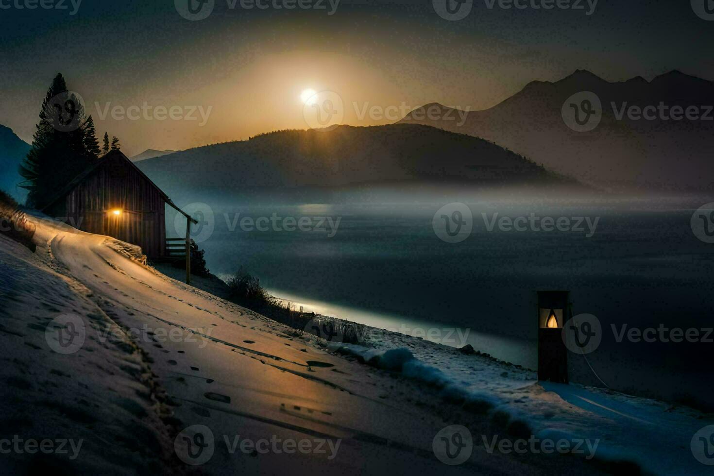 a cabin in the snow with a full moon. AI-Generated photo