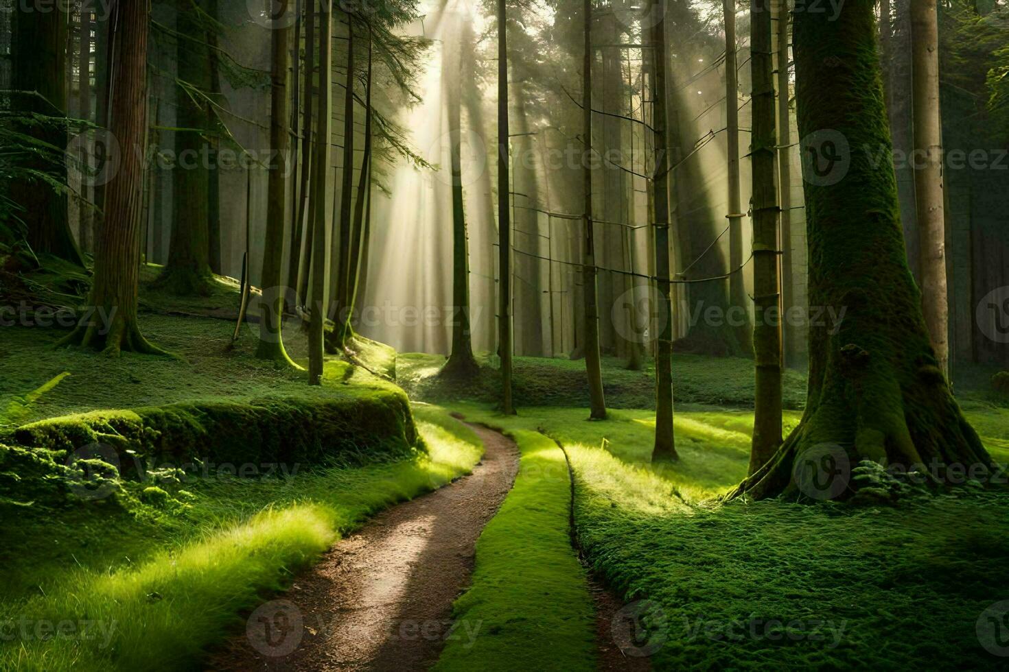 path through the forest with sunlight shining through the trees. AI-Generated photo