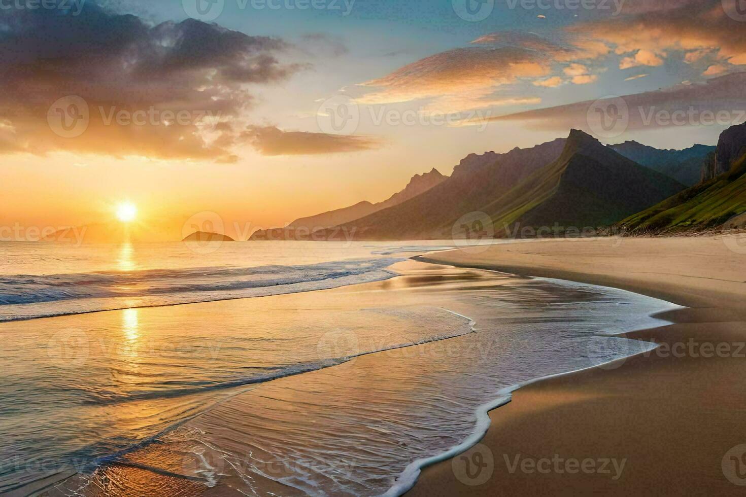 the sun rises over the ocean and mountains in the background. AI-Generated photo