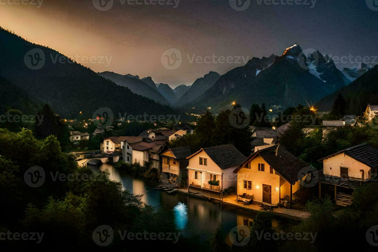 foto fondo de pantalla el cielo, montañas, río, casas, el noche, el montañas, el río. generado por ai