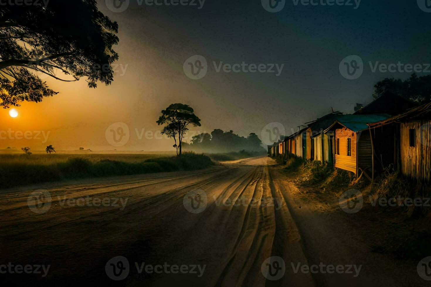 a dirt road with houses and trees in the background. AI-Generated photo