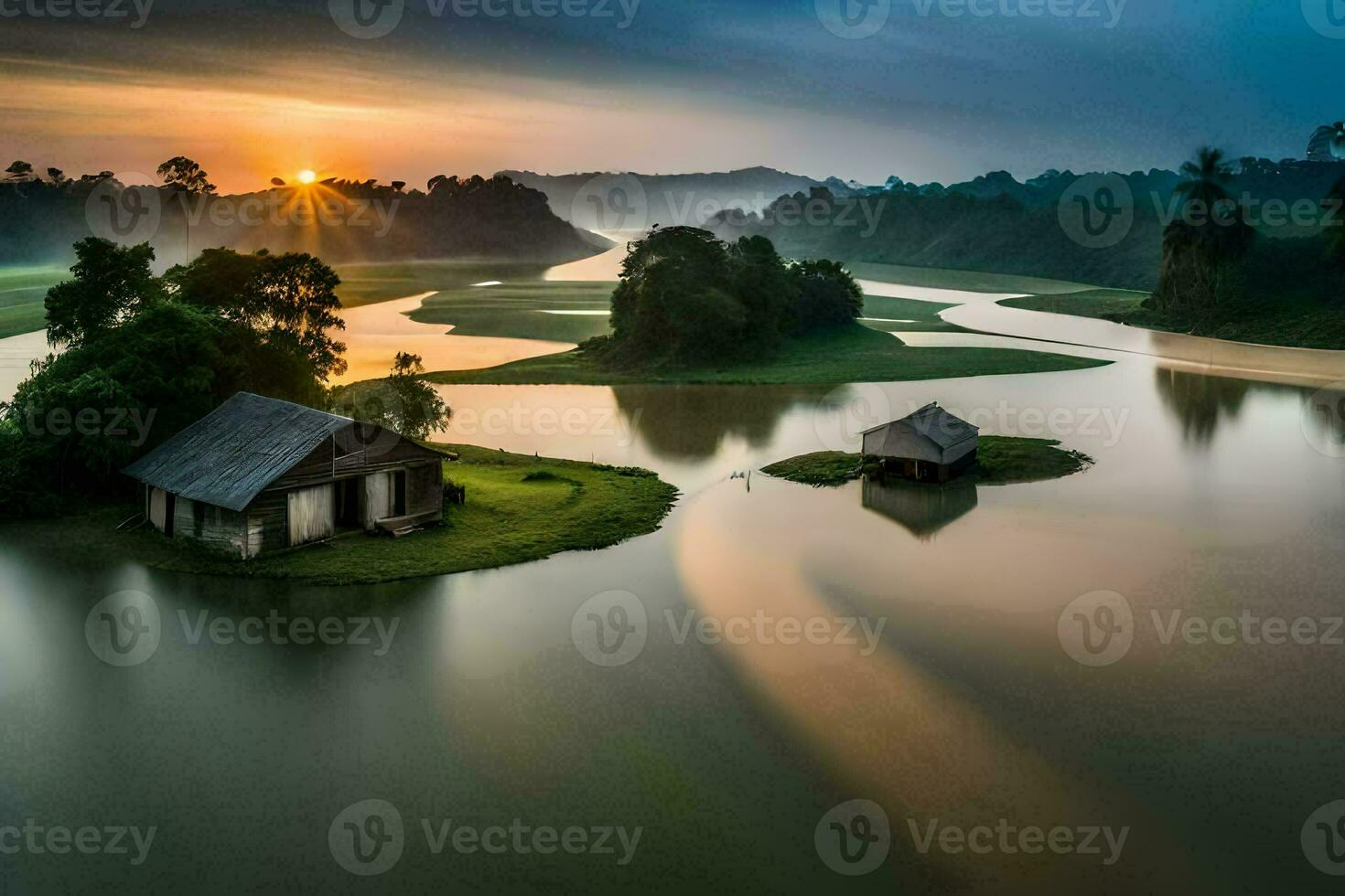 the sun rises over a small island in the middle of a river. AI-Generated photo