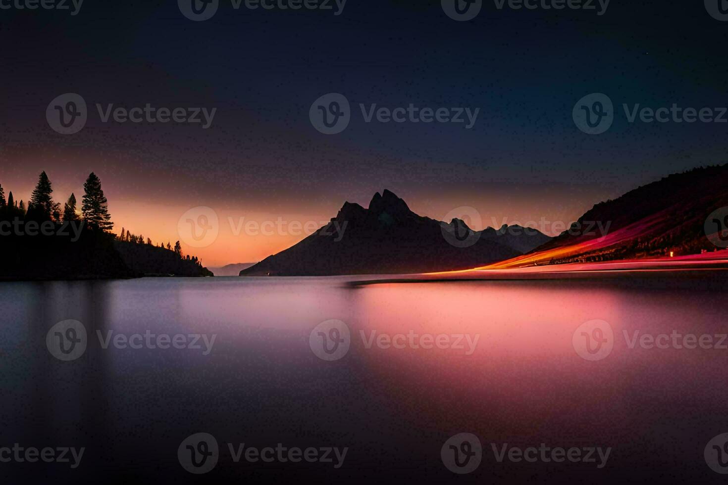 a long exposure photograph of a mountain range and lake at sunset. AI-Generated photo
