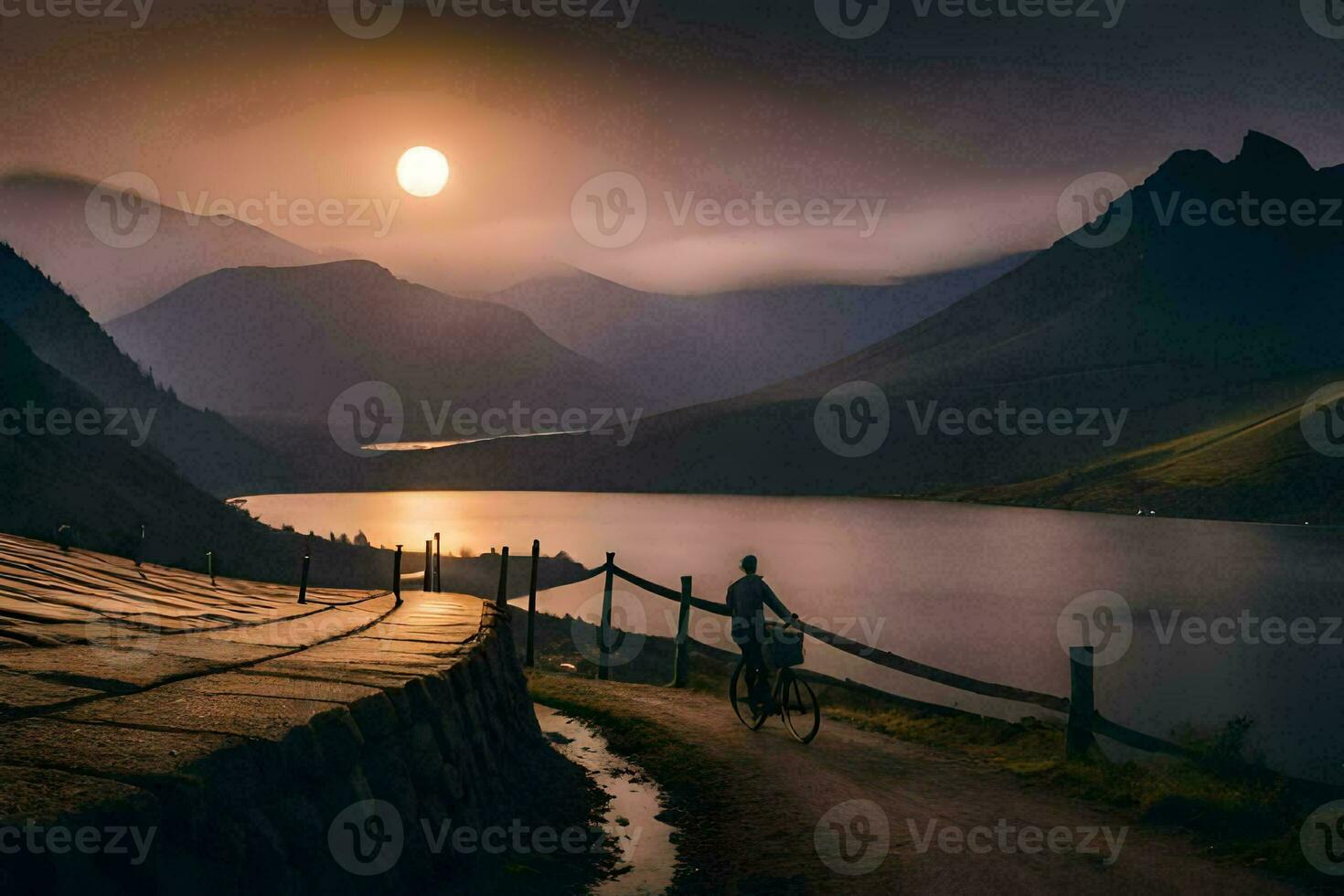 a man riding his bike along a path near a lake. AI-Generated photo