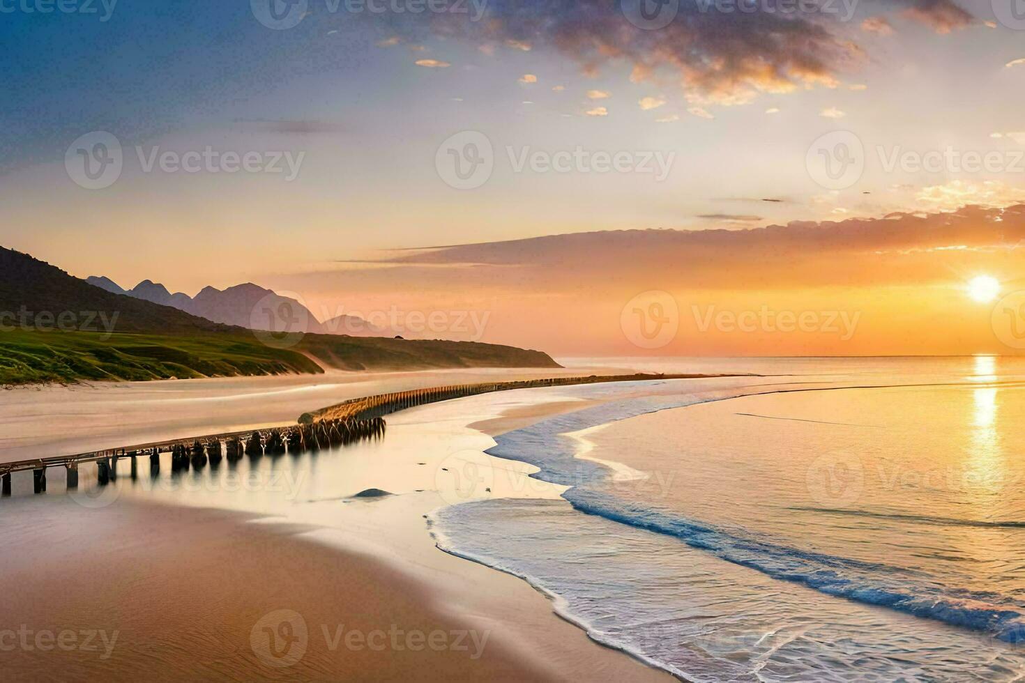un hermosa playa con un muelle a puesta de sol. generado por ai foto