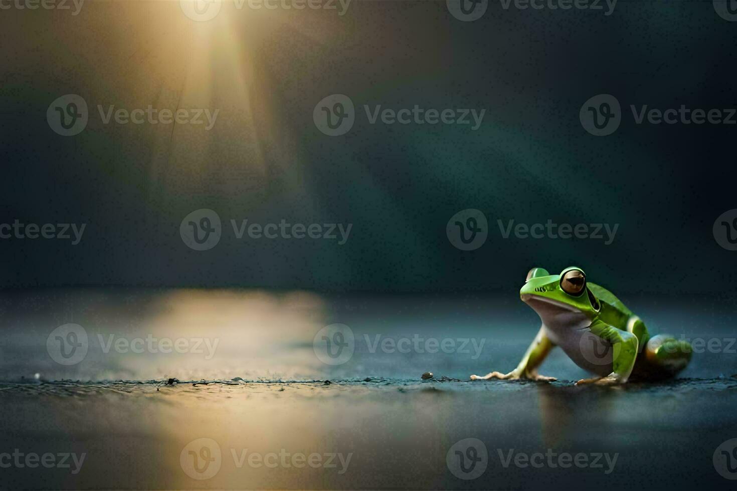 a frog sitting on the ground in front of the sun. AI-Generated photo