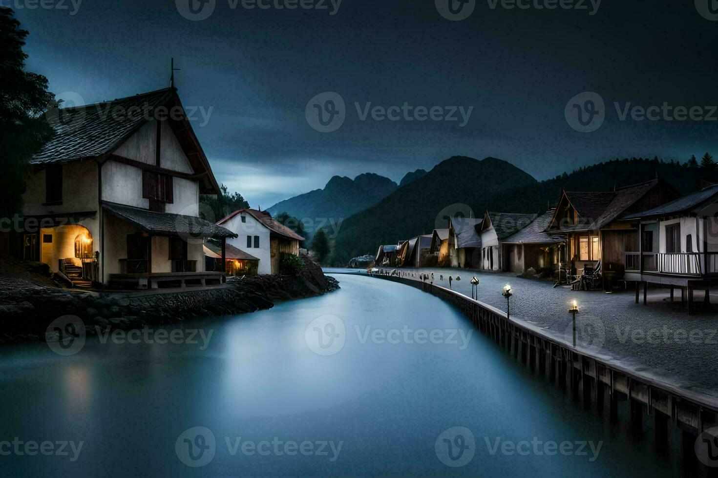 un río carreras mediante un pueblo a noche. generado por ai foto