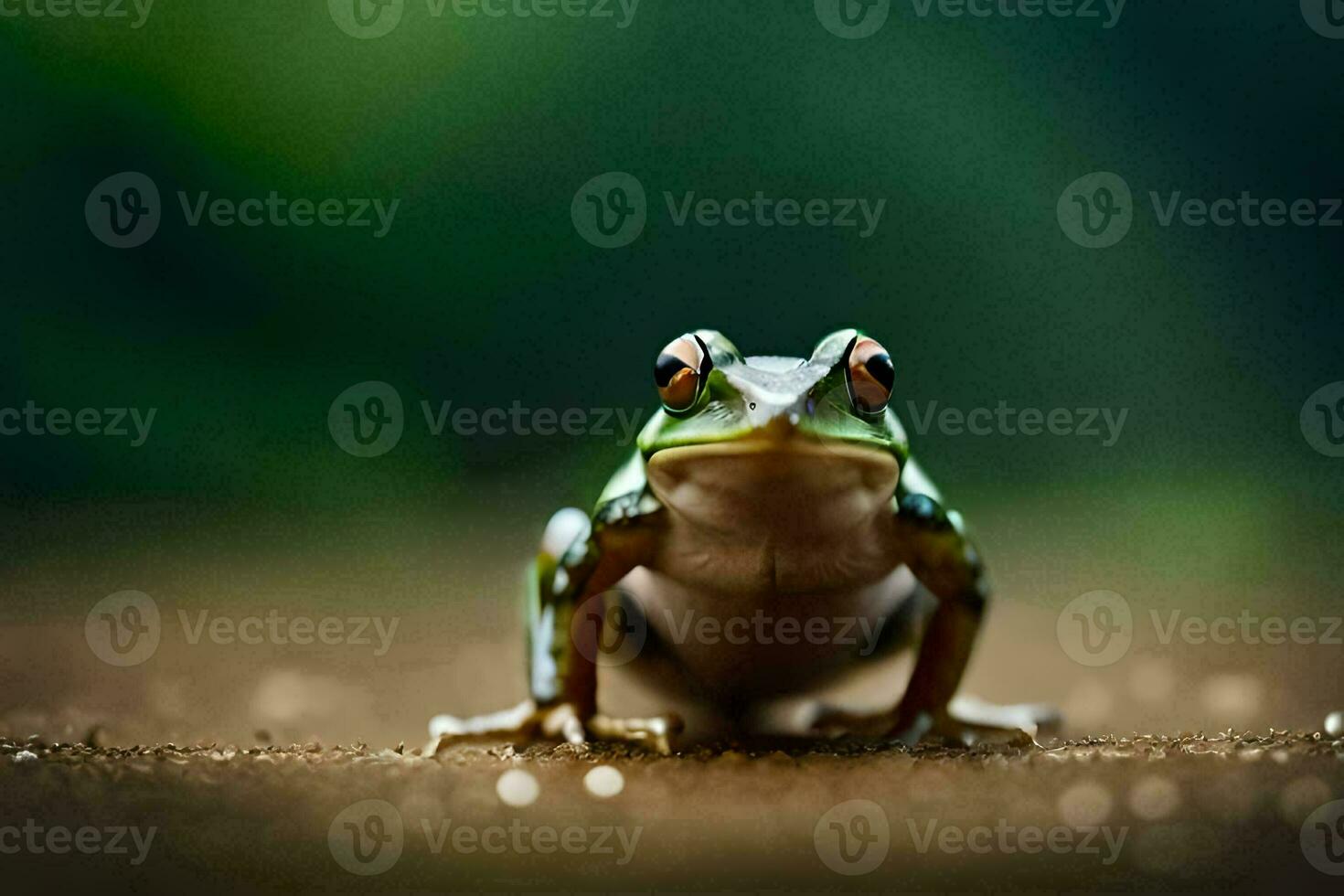 a frog sitting on the ground with a green background. AI-Generated photo
