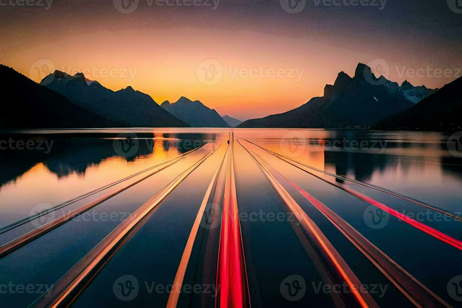 a long exposure photograph of a car driving on a road over a lake. AI-Generated photo